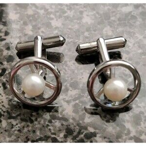 Signed Silver Cufflinks Faux Pearl Simple Elegant